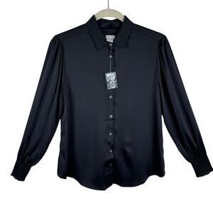 Chico's NWOT Black Satin Collared Long Sleeve Lightweight Button Up Blouse XS 2